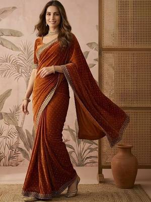 Rust embellished sequinned silk blend saree 3