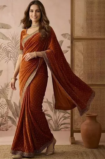 Rust embellished sequinned silk blend saree
