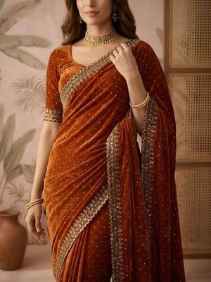 Rust embellished sequinned silk blend saree 4