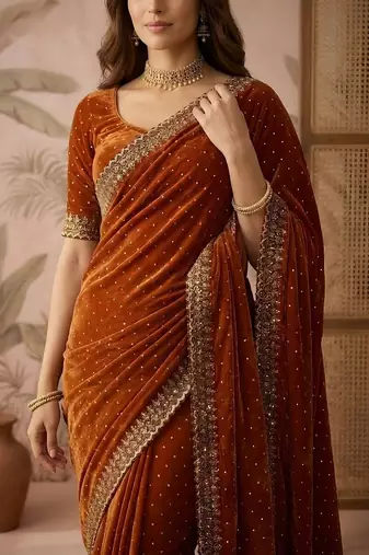 Rust embellished sequinned silk blend saree