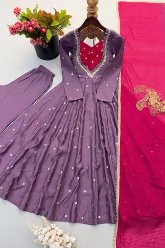 Lavender roman silk readymade anarkali suit with embroidery & sequence work