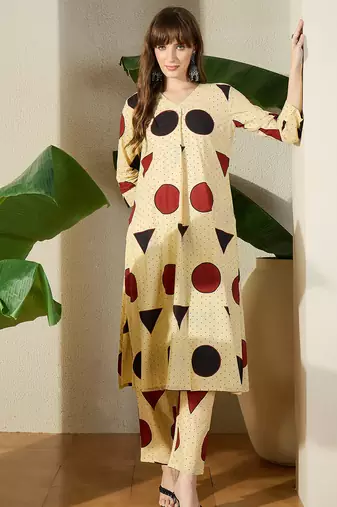 Off white printed cotton kurta trouser set