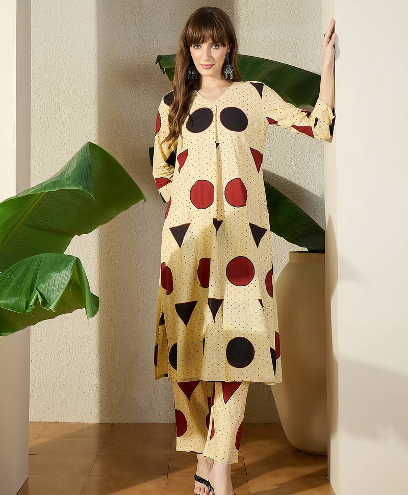 Off white printed cotton kurta trouser set