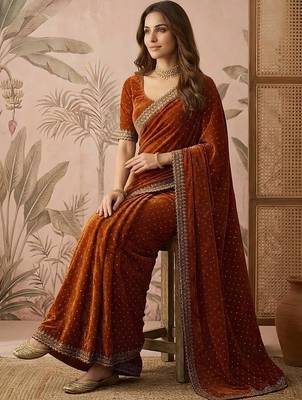 Rust embellished sequinned silk blend saree 5