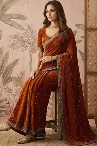 Rust embellished sequinned silk blend saree