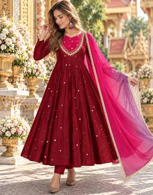 Maroon roman silk readymade anarkali suit with embroidery & sequence work 1