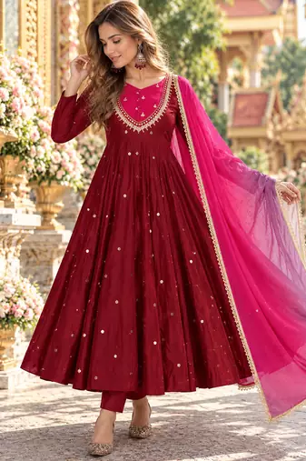 Maroon roman silk readymade anarkali suit with embroidery & sequence work