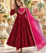 Maroon roman silk readymade anarkali suit with embroidery & sequence work