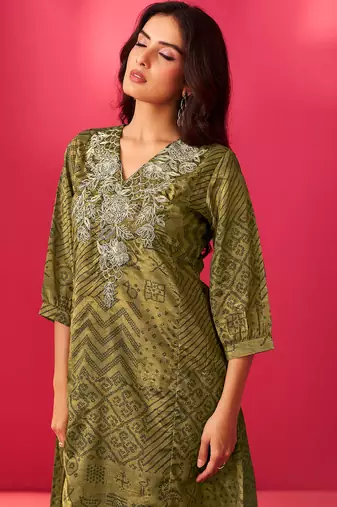Green embroidered chinon kurta trouser set