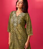 Green embroidered chinon kurta trouser set