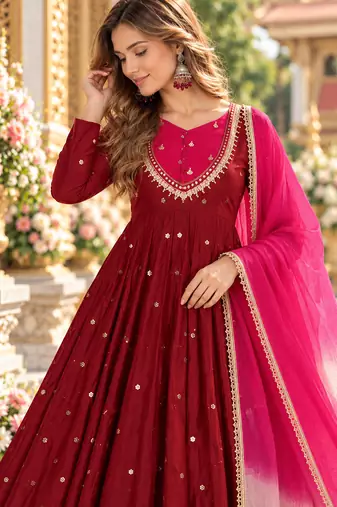 Maroon roman silk readymade anarkali suit with embroidery & sequence work