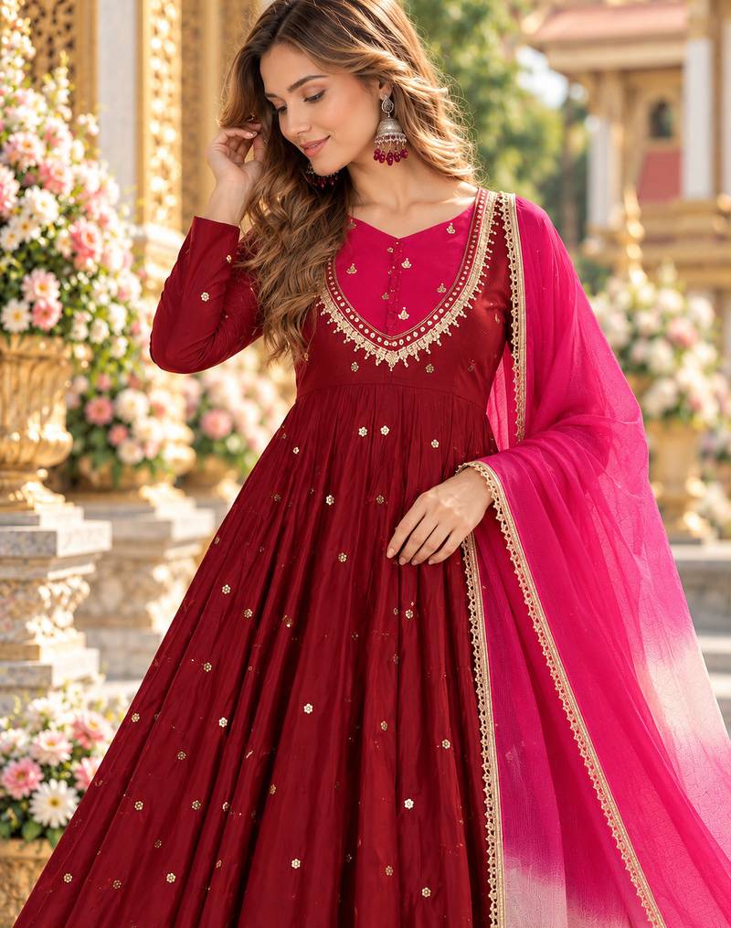 Maroon roman silk readymade anarkali suit with embroidery & sequence work