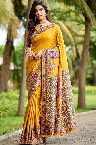 Mustard kalamkari zari art silk banarasi saree