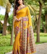 Mustard kalamkari zari art silk banarasi saree