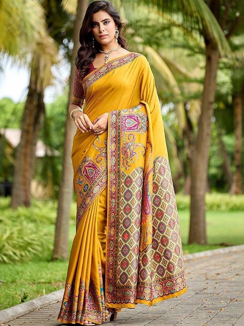 Mustard kalamkari zari art silk banarasi saree