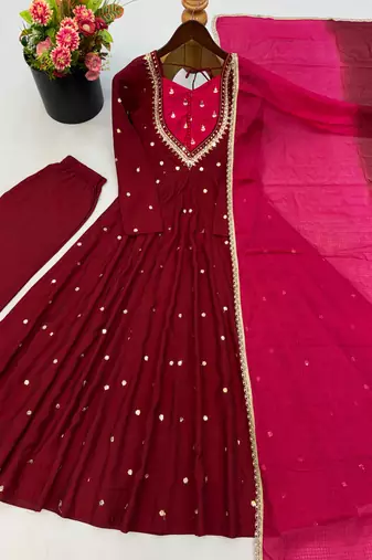 Maroon roman silk readymade anarkali suit with embroidery & sequence work