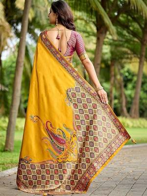 Mustard kalamkari zari art silk banarasi saree 2