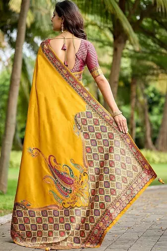 Mustard kalamkari zari art silk banarasi saree