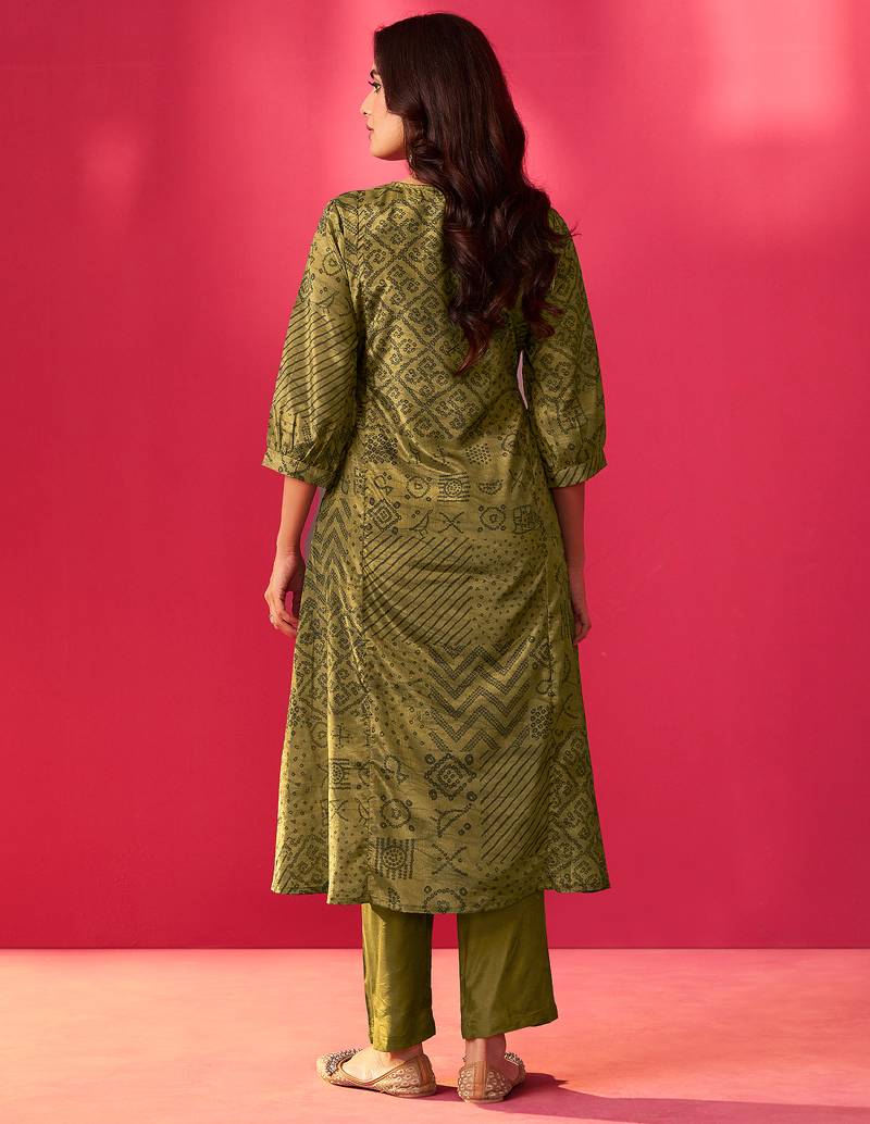 Green embroidered chinon kurta trouser set