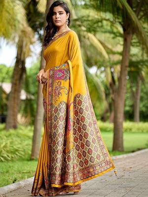 Mustard kalamkari zari art silk banarasi saree 3