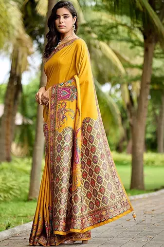 Mustard kalamkari zari art silk banarasi saree