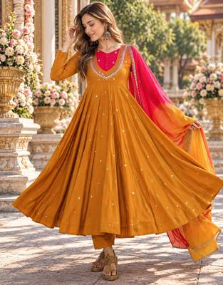Mustard roman silk readymade anarkali suit with embroidery & sequence work 1
