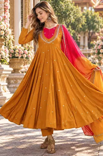 Mustard roman silk readymade anarkali suit with embroidery & sequence work