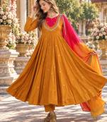 Mustard roman silk readymade anarkali suit with embroidery & sequence work