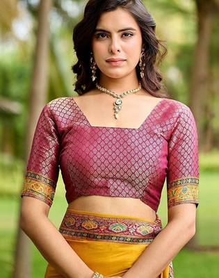 Mustard kalamkari zari art silk banarasi saree 4