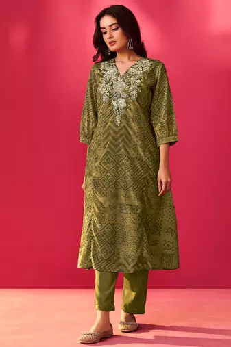 Green embroidered chinon kurta trouser set