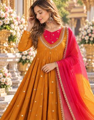 Mustard roman silk readymade anarkali suit with embroidery & sequence work 2