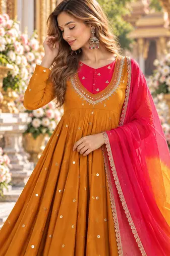 Mustard roman silk readymade anarkali suit with embroidery & sequence work