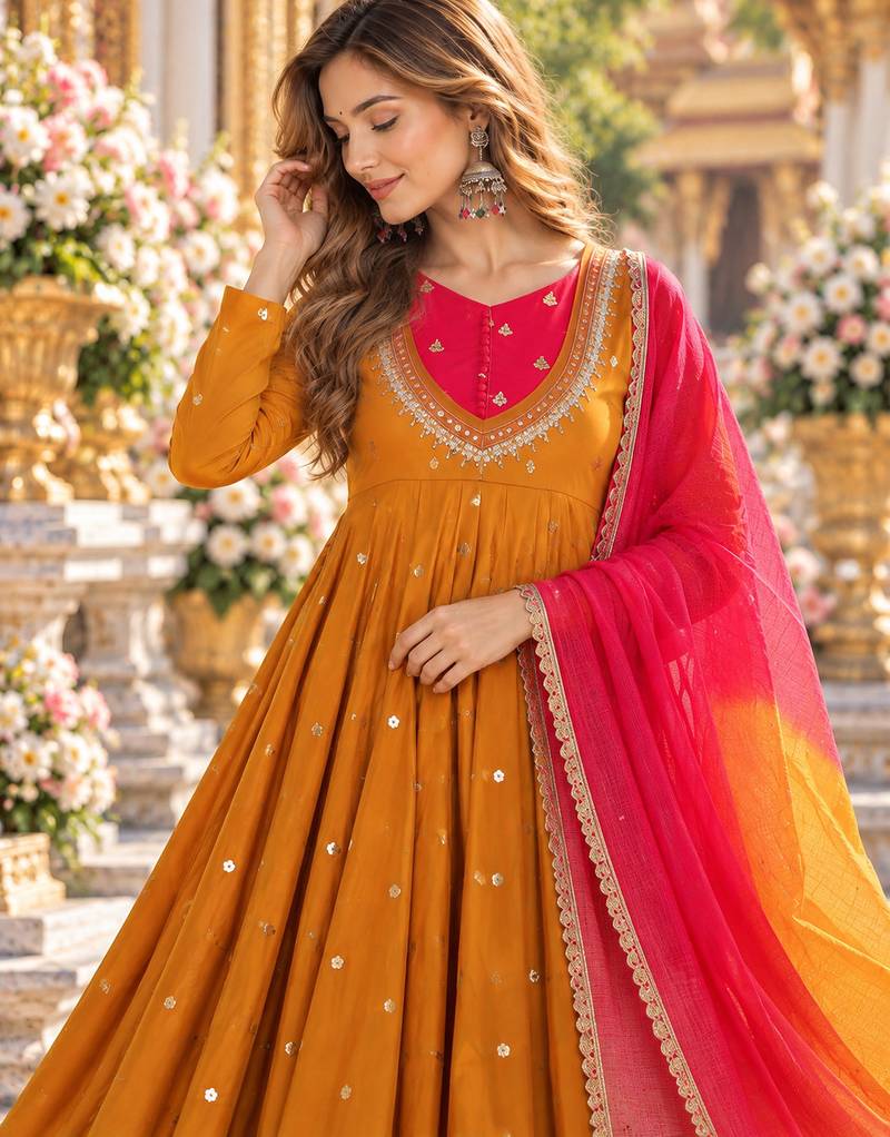 Mustard roman silk readymade anarkali suit with embroidery & sequence work