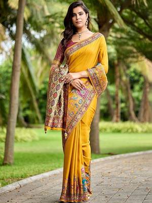 Mustard kalamkari zari art silk banarasi saree 5
