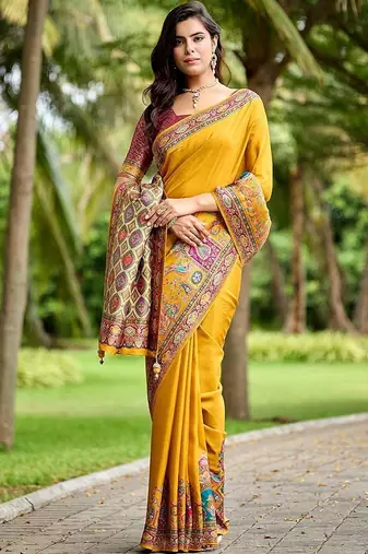 Mustard kalamkari zari art silk banarasi saree