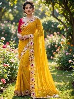Yellow floral embroidered poly georgette designer saree 1