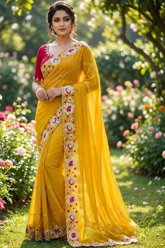 Yellow floral embroidered poly georgette designer saree