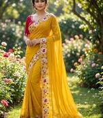Yellow floral embroidered poly georgette designer saree