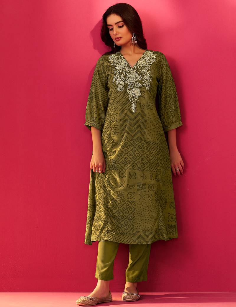 Green embroidered chinon kurta trouser set