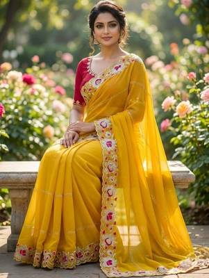 Yellow floral embroidered poly georgette designer saree 2