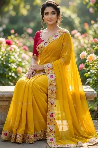 Yellow floral embroidered poly georgette designer saree