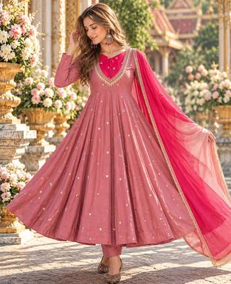 Pink roman silk readymade anarkali suit with embroidery & sequence work 1