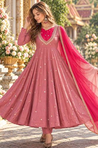 Pink roman silk readymade anarkali suit with embroidery & sequence work