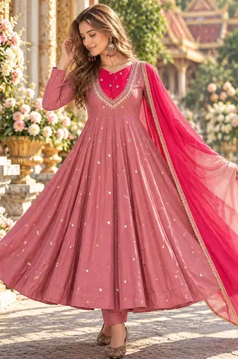 Pink roman silk readymade anarkali suit with embroidery & sequence work