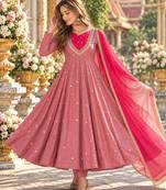 Pink roman silk readymade anarkali suit with embroidery & sequence work