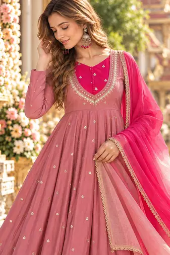 Pink roman silk readymade anarkali suit with embroidery & sequence work