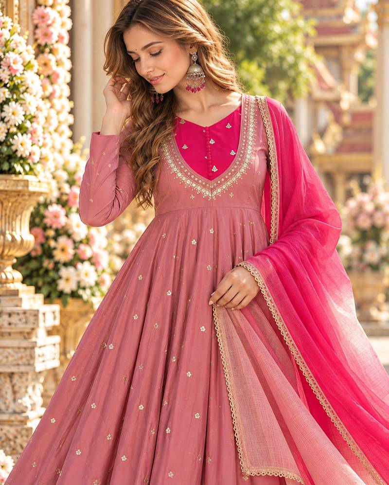 Pink roman silk readymade anarkali suit with embroidery & sequence work