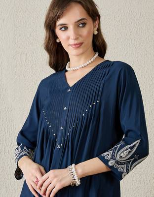 Navy blue printed silk kurta trouser set 1