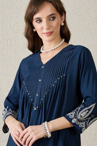 Navy blue printed silk kurta trouser set