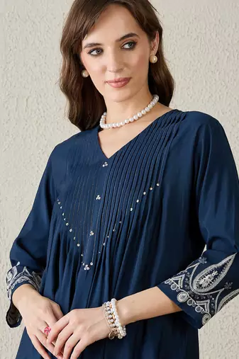 Navy blue printed silk kurta trouser set